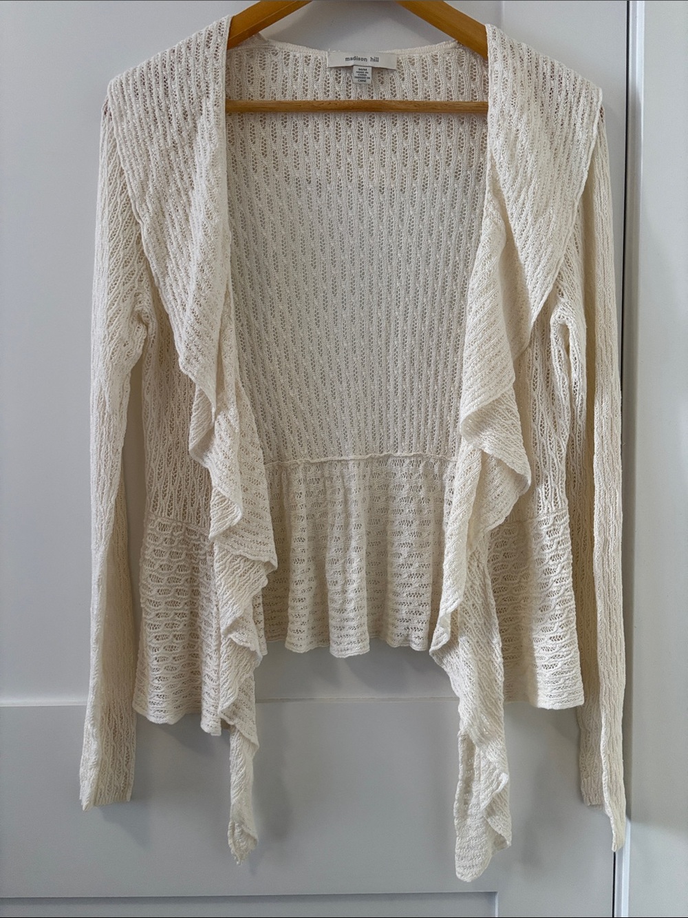 Madison Hill Cream Pointelle Knit Ruffle Cardigan Medium